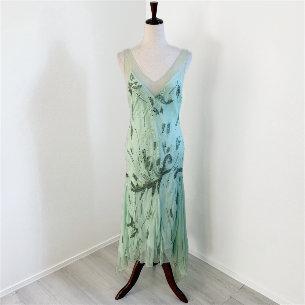 VTG Together Dress Womens 8 Green Beaded Silk Fairy Goddess Ethereal Asymmetric